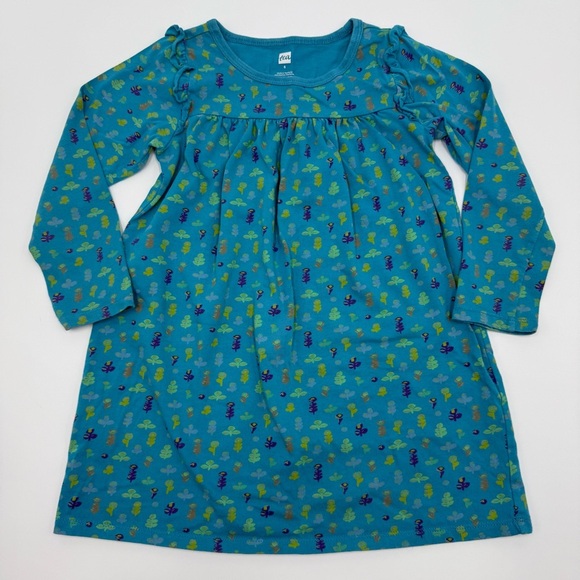 Tea Collection Girls Long Sleeve Mighty Mini Dress 5 Teal Long Sleeve Cotton EUC - Picture 1 of 10